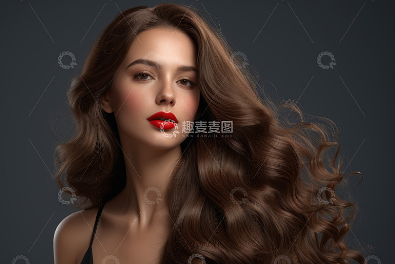 长发红唇女性肖像特写