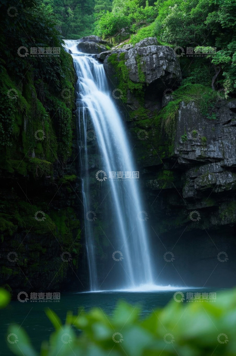 高清大图下载【趣麦麦图】山间森林中的瀑布景观