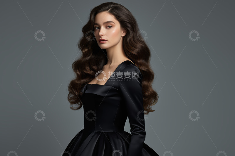 高清大图下载【趣麦麦图】身着黑裙的长发时尚女性