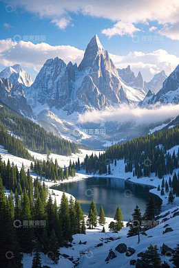 雪山下的森林湖泊全景