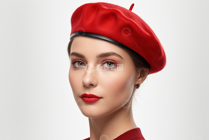 高清大图下载【趣麦麦图】戴红色贝雷帽的女性肖像