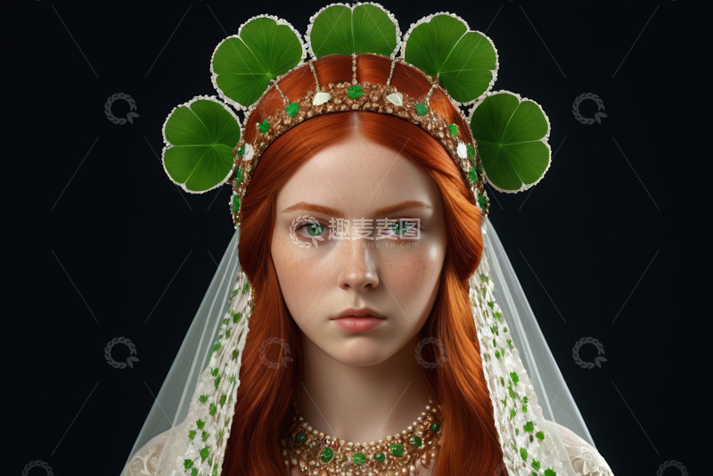 高清大图下载【趣麦麦图】红发女子戴叶饰珠宝肖像