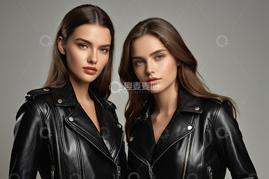 两位穿皮衣的女性人像