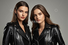 两位穿皮衣的女性人像