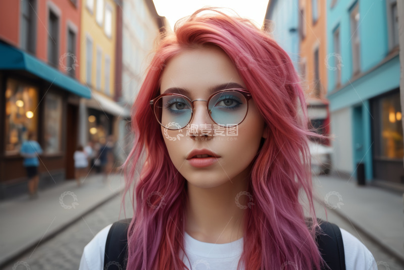 高清大图下载【趣麦麦图】街头红发戴眼镜女孩肖像