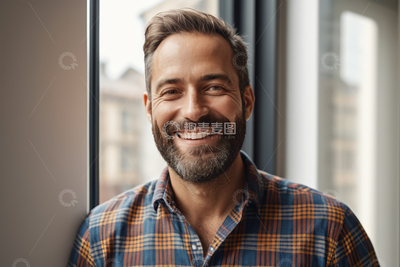 高清大图下载【趣麦麦图】窗边微笑男士肖像