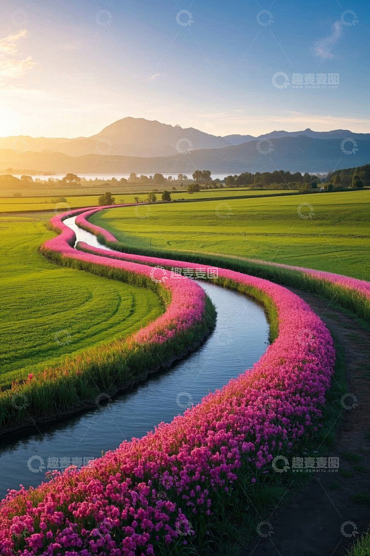 田野间蜿蜒花径与溪流景观