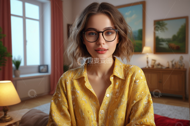高清大图下载【趣麦麦图】室内穿着黄衣戴眼镜的女性