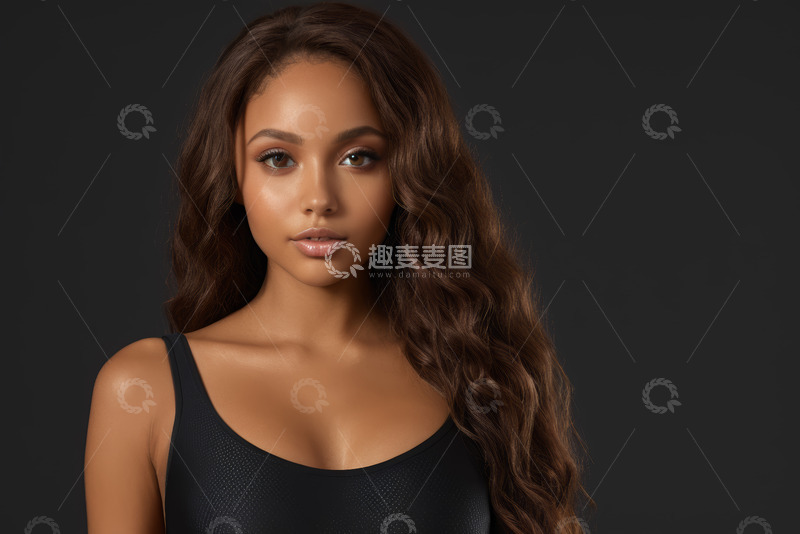 高清大图下载【趣麦麦图】长发女性黑色背心肖像特写