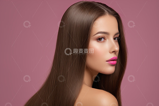 长发女子粉色背景肖像