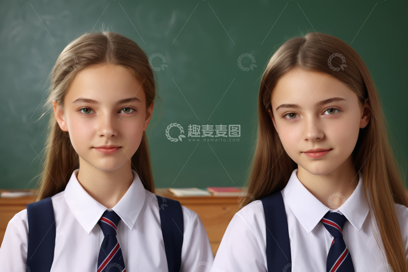 高清大图下载【趣麦麦图】教室中两个穿校服的女学生
