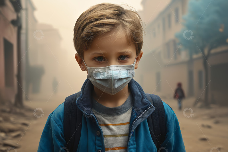 高清大图下载【趣麦麦图】戴口罩的小男孩站在街道