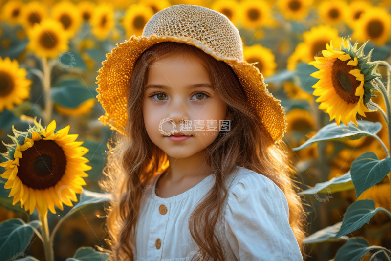 高清大图下载【趣麦麦图】小女孩于向日葵花田的特写