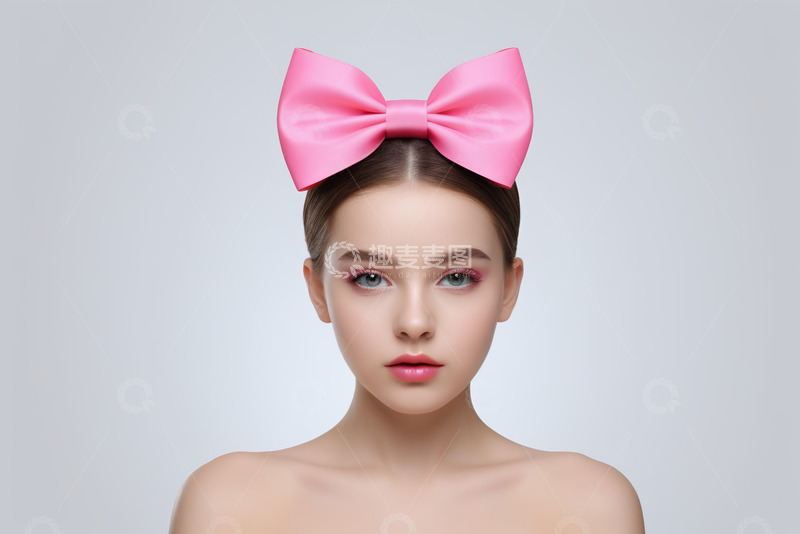 高清大图下载【趣麦麦图】戴粉色蝴蝶结的女性肖像