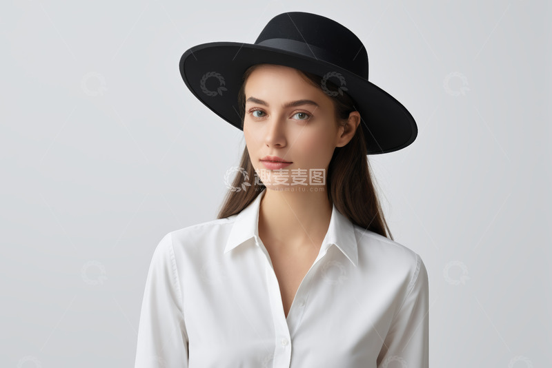 高清大图下载【趣麦麦图】戴黑帽穿白衬衫的女性肖像