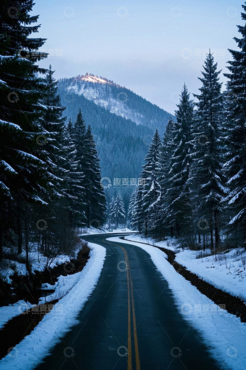 高清大图下载【趣麦麦图】雪后林间蜿蜒道路风景