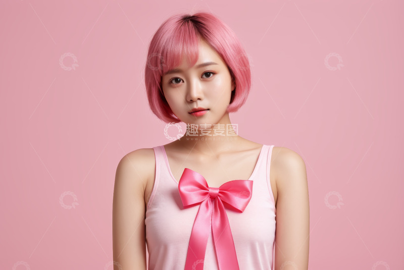 高清大图下载【趣麦麦图】粉色背景前的短发女孩肖像