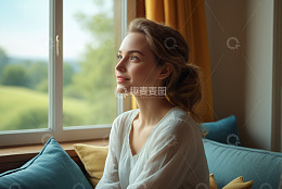 窗边休憩的年轻女子