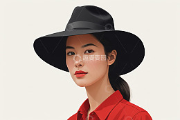 戴黑帽穿红衣的美女肖像