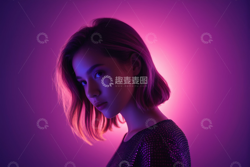 高清大图下载【趣麦麦图】时尚女孩紫色背景肖像特写