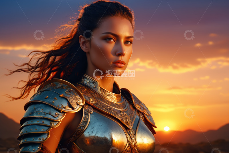 高清大图下载【趣麦麦图】夕阳下身着盔甲的女性肖像