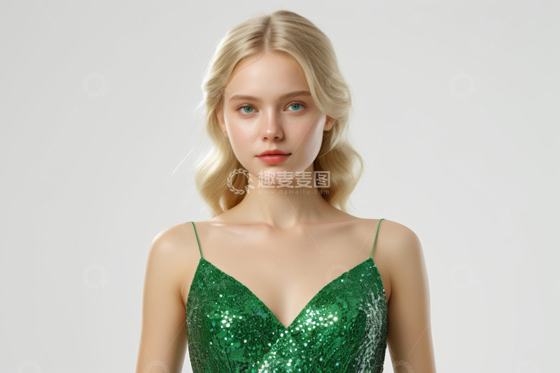 高清大图下载【趣麦麦图】金发女子穿绿亮片吊带