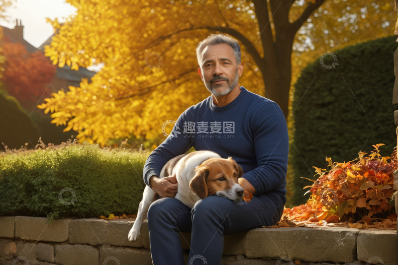 高清大图下载【趣麦麦图】男子秋日户外与宠物狗温馨相伴