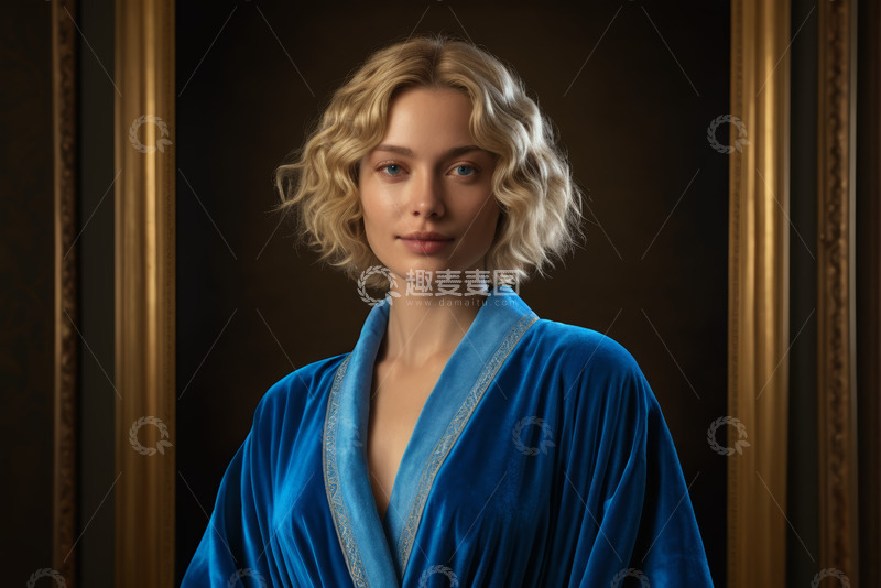 高清大图下载【趣麦麦图】金发女子蓝色睡袍肖像