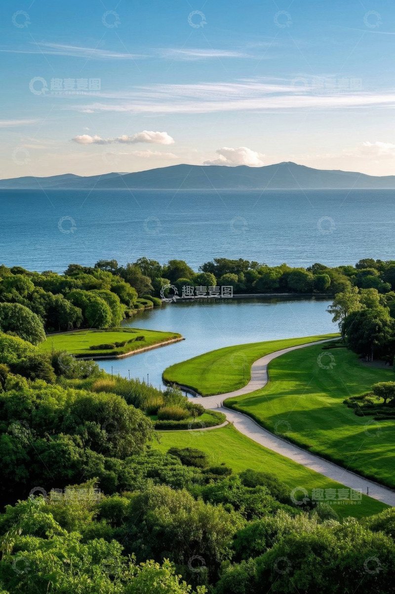 高清大图下载【趣麦麦图】湖畔绿地自然风光全景