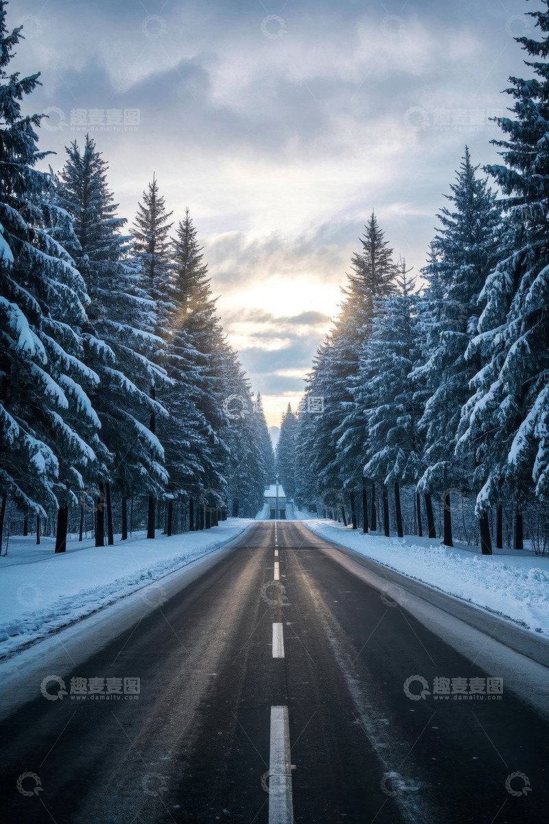 高清大图下载【趣麦麦图】冬日雪覆森林中的公路景象
