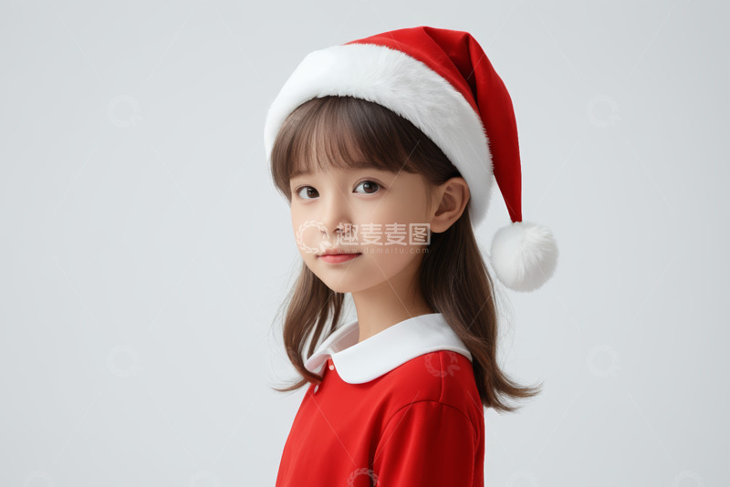 高清大图下载【趣麦麦图】戴圣诞帽的红衣小女孩
