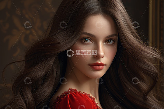 长发女子红色服饰特写