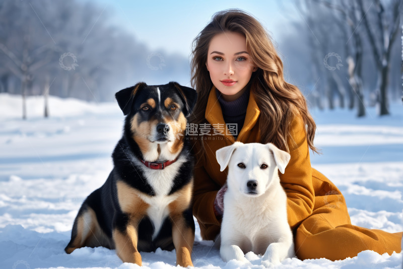 高清大图下载【趣麦麦图】雪地中女子与两只狗狗的合影