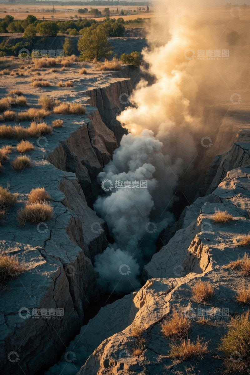 高清大图下载【趣麦麦图】荒野裂谷烟雾升腾景象