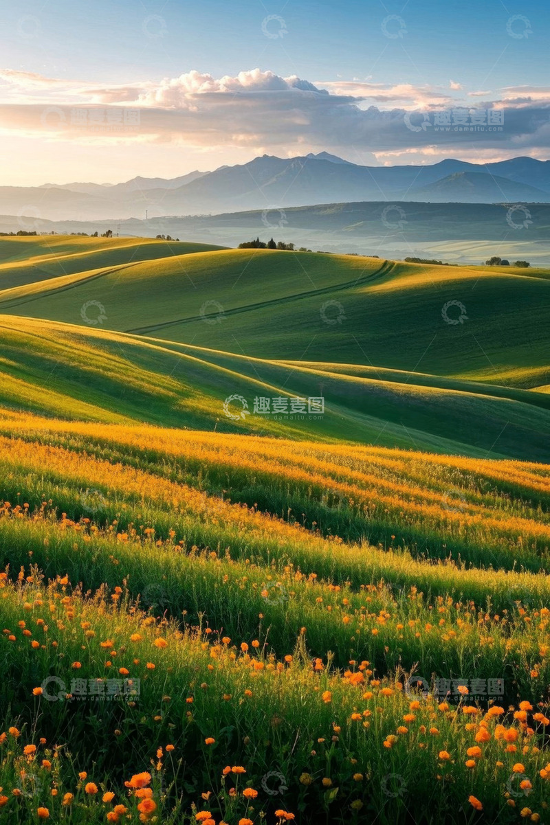 高清大图下载【趣麦麦图】田野间的绿色草地与黄色野花