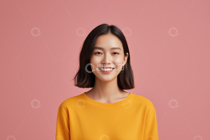 高清大图下载【趣麦麦图】穿黄衣微笑的亚洲年轻女性