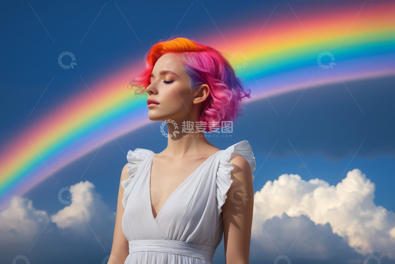 高清大图下载【趣麦麦图】彩虹下闭眼的彩色头发女子