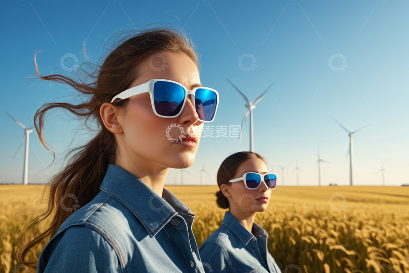 高清大图下载【趣麦麦图】戴墨镜女子于风车麦田前留影