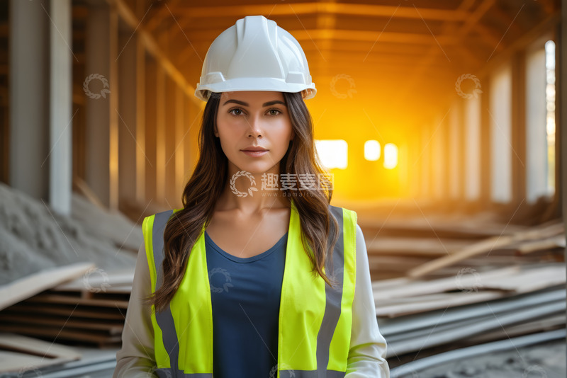 高清大图下载【趣麦麦图】工地女工人戴头盔穿反光背心