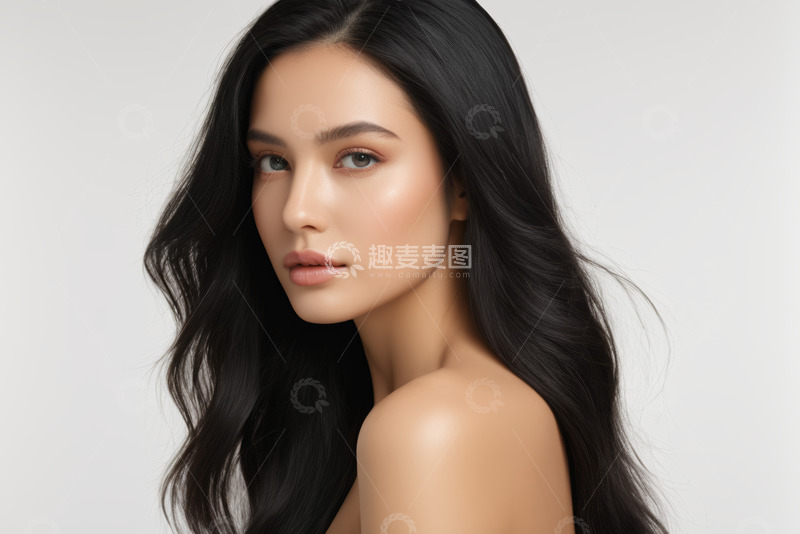 高清大图下载【趣麦麦图】女性黑长卷发特写肖像