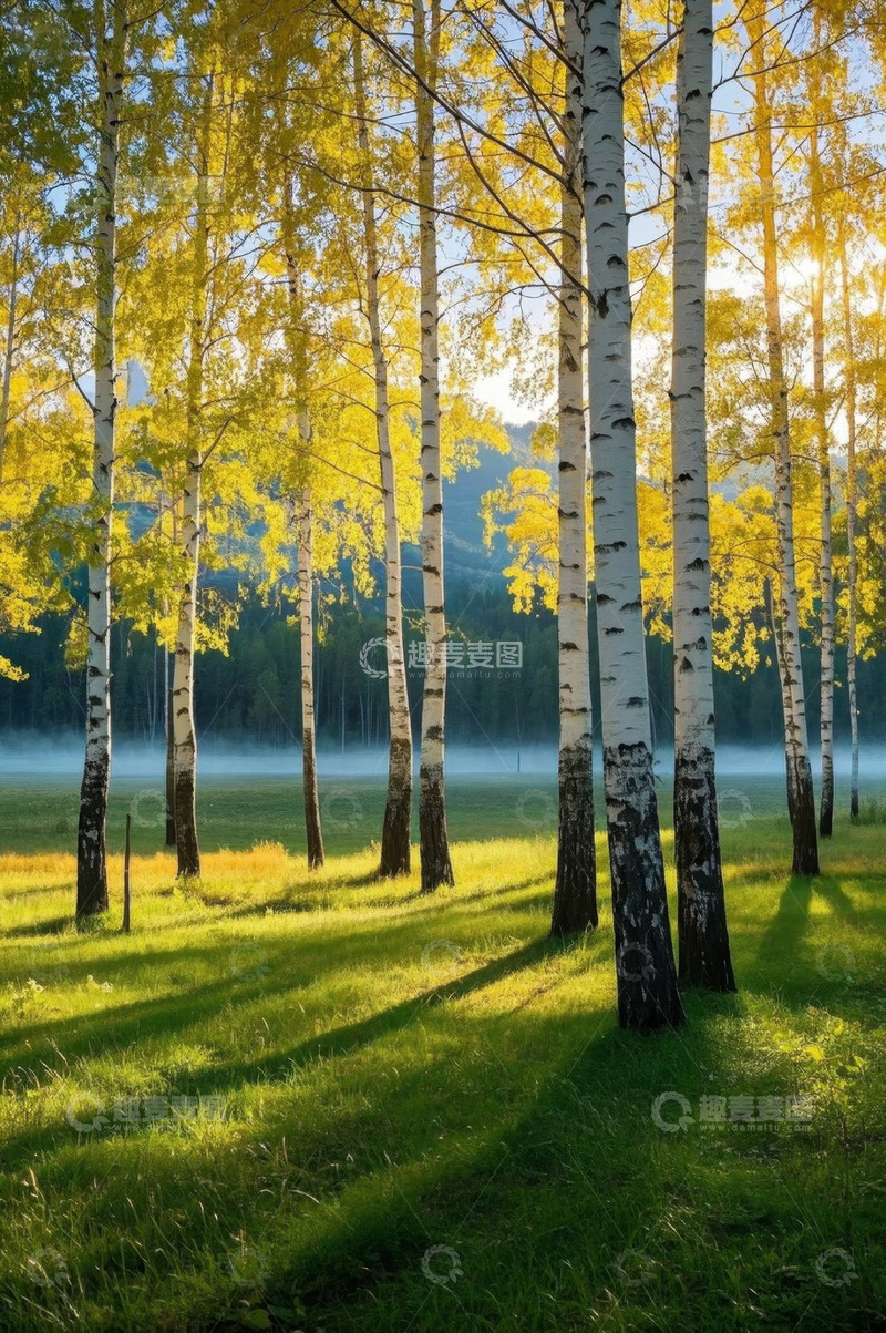 高清大图下载【趣麦麦图】阳光照耀下的白桦林自然风光