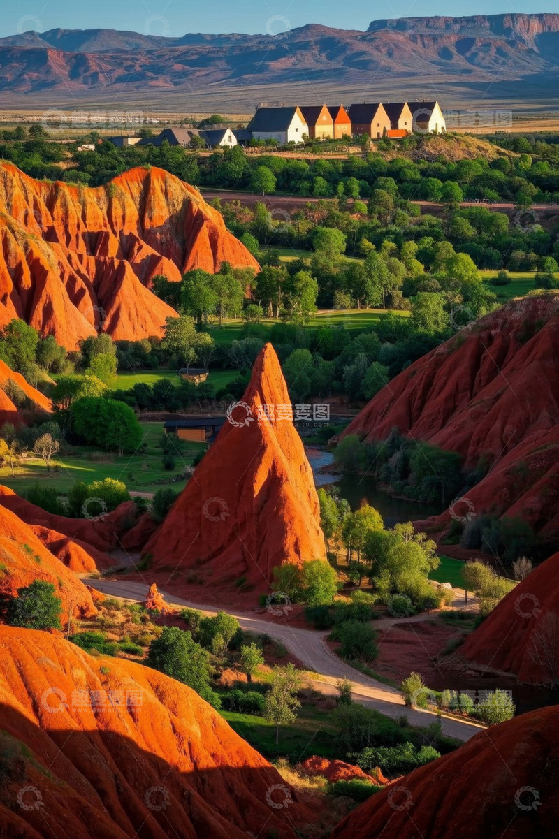高清大图下载【趣麦麦图】红土山丘与远处房屋景观