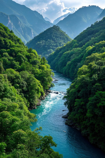 山间河流与茂密森林景观