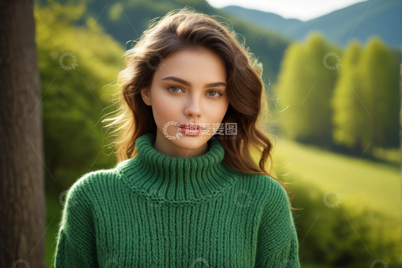 高清大图下载【趣麦麦图】户外穿高领毛衣的女子肖像