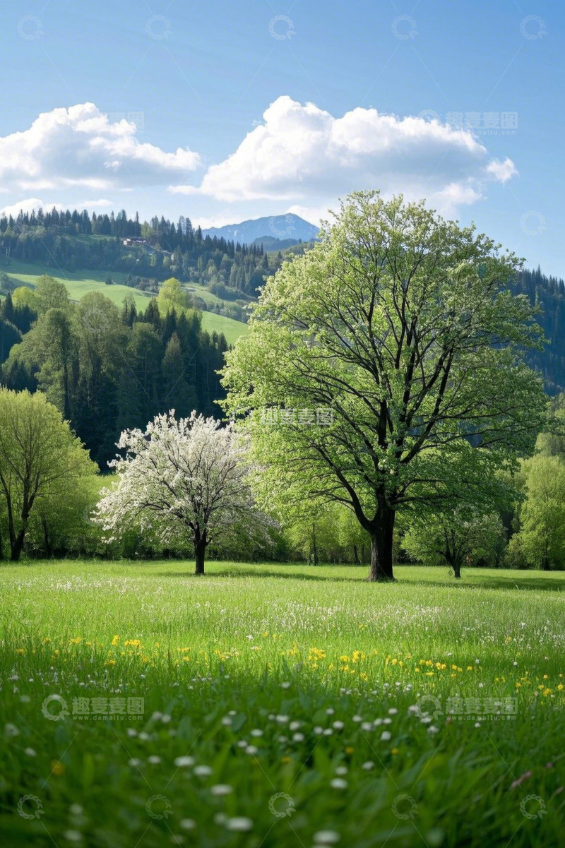 高清大图下载【趣麦麦图】春日山间草地树木风景