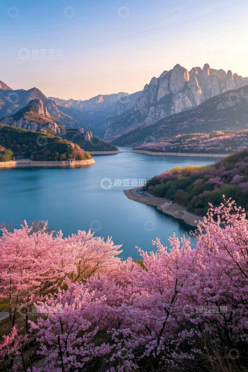 高清大图下载【趣麦麦图】湖畔山景与盛开樱花自然风光