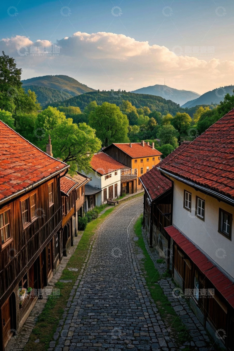 高清大图下载【趣麦麦图】山间红瓦小屋的古朴街道