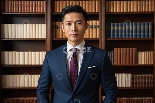 西装男士书架前半身像