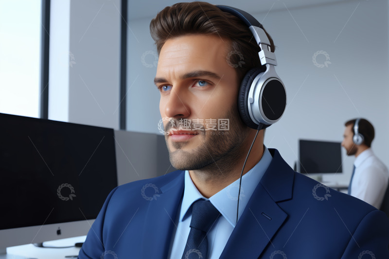 高清大图下载【趣麦麦图】戴耳机办公的西装男士