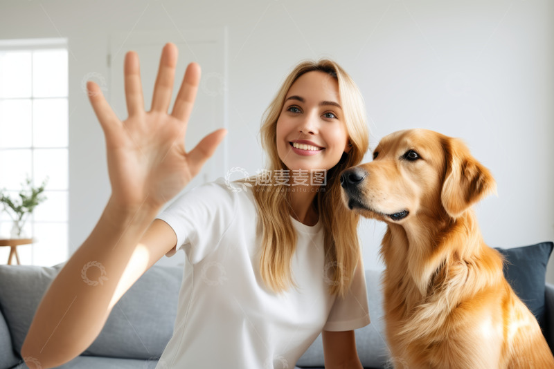 高清大图下载【趣麦麦图】女子与金毛互动挥手画面
